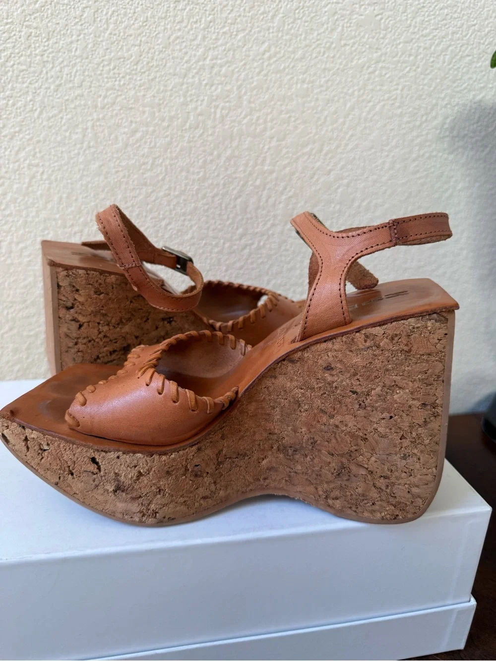 VTG 90s  Sonax Spain Cork Platform Wedge Sandals EU 36 US 5.5-6 Cognac Leather - Picture 7 of 14